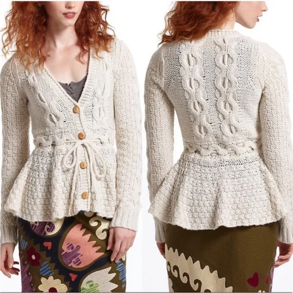 Anthropologie Sparrow Stitchy Peplum button cardigan tie waist wool blend M - Picture 2 of 11